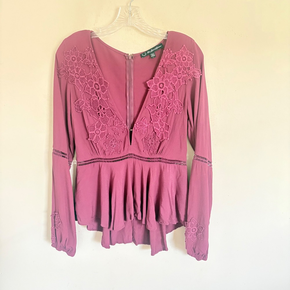 For Love & Lemons Luana Lace Peplum Blouse Burgundy Red V-Neck Long Sleeve Large